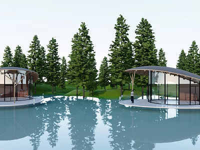 Modern Wooden Cabin with Glass Walls Surrounded by Trees and Water Reflection 3d model