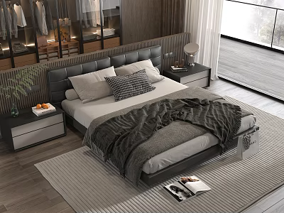 Modern Double Bed With Upholstered Headboard Bedside Tables Lamps Throw Blanket And Area Rug 3d model