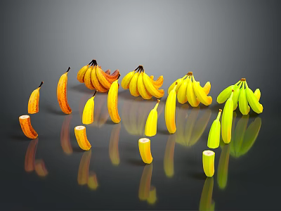 Fresh Bananas Display With Whole Bunches Sliced Pieces Yellow Green Arranged On Dark Surface 3d model