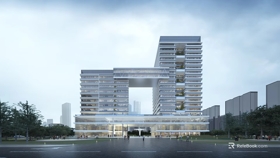 Modern High Rise Office Building With Central Open Design Glass Curtain Wall And Urban Plaza 3d model 