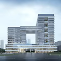 Modern High Rise Office Building With Central Open Design Glass Curtain Wall And Urban Plaza
