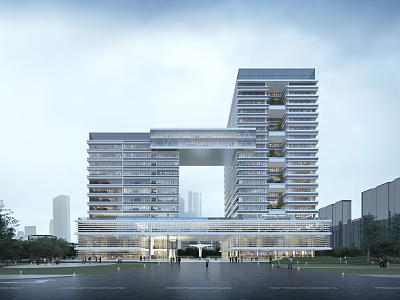 Modern High Rise Office Building With Central Open Design Glass Curtain Wall And Urban Plaza 3d model