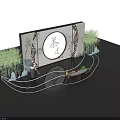 Traditional Tea Ceremony Setting With Circular Calligraphy Backdrop Bamboo Rockery And Wooden Table