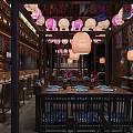 Japanese Style Restaurant Interior Featuring Wooden Tables Chairs Hanging Lanterns Colorful Banners And Wine Shelves