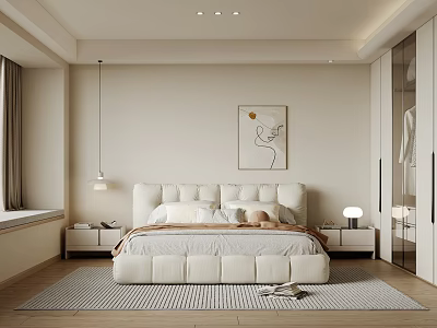 Minimalist Bedroom Interior With White Upholstered Bed Pillows Nightstand Lamp Artwork Wooden Floor Rug 3d model