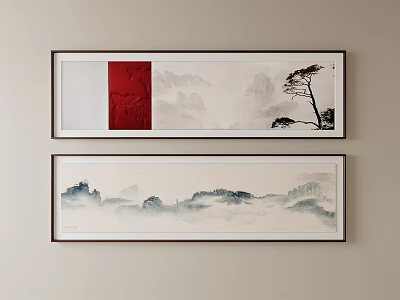 Chinese Landscape Paintings Framed Wall Art With Red Blue Tones Pine Tree And Misty Mountains 3d model