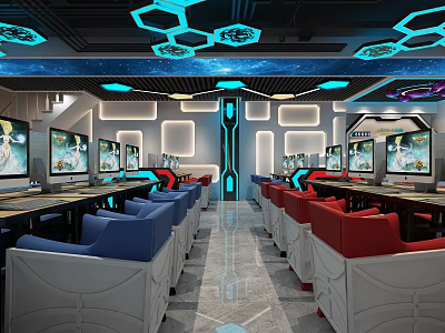 Futuristic Cyber Cafe Interior With Computers Blue Red Seats Hexagonal Ceiling Lights 3d model