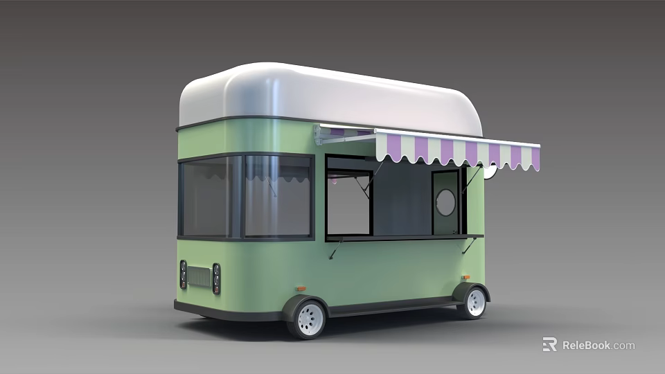 Food Truck Window Display Design With Green Body White Roof And Purple White Striped Awning 3d model 