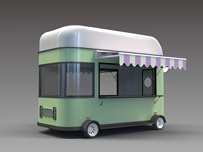 Food Truck Window Display Design With Green Body White Roof And Purple White Striped Awning 3d model