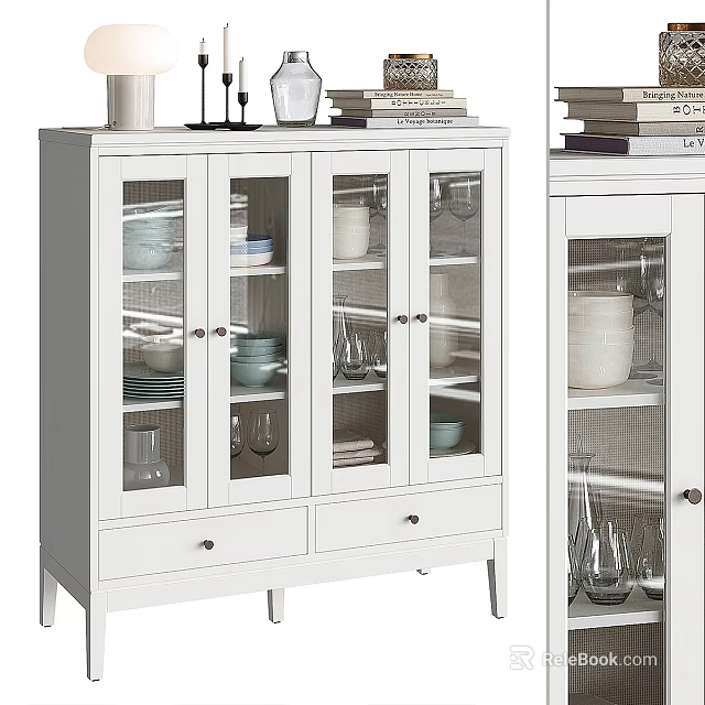 White Sideboard With Glass Doors Displaying Dinnerware Glasses Top Decorative Books And Items 3d model 