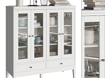 White Sideboard With Glass Doors Displaying Dinnerware Glasses Top Decorative Books And Items 3d model