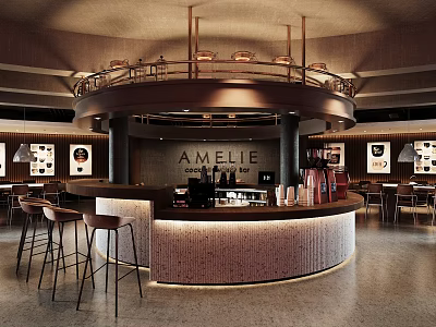 AMELIE Cocktail Bar Interior With Round Bar Counter High Stools And Lighting 3d model