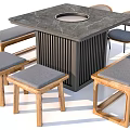 Square Dining Table Set With Marble Top Circular Hole Wooden Benches And Chairs 3d model