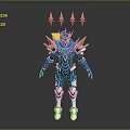 Futuristic Humanoid Character In Blue Purple Armor With Golden Shoulder Spikes And Yellow Back Spikes