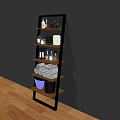Modern Bathroom Accessories On Multi Tiered Shelf With Towels Bottles And Basket