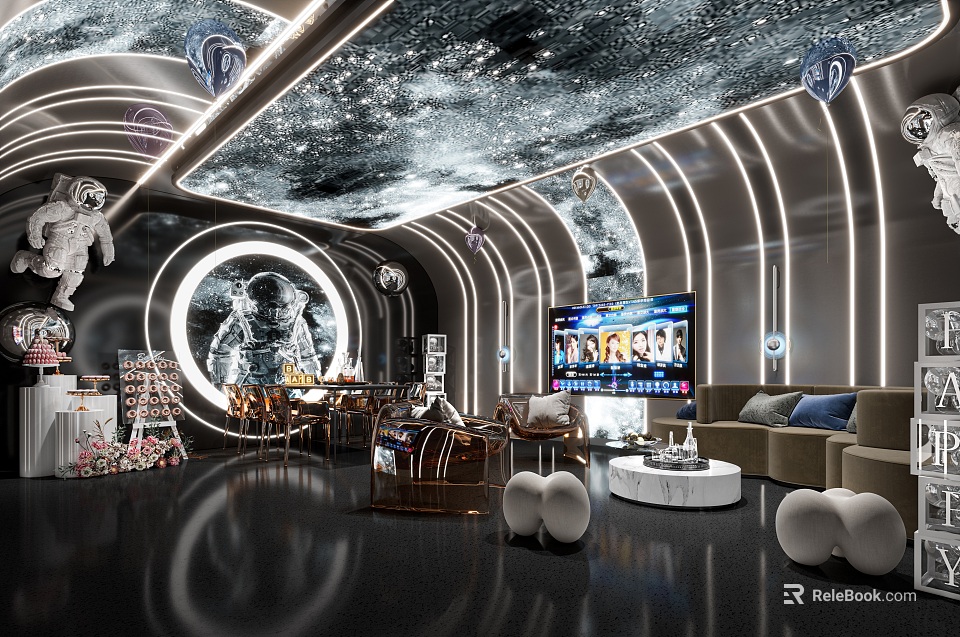 Space Themed KTV Room With Modern Decor Sofa And TV 3d model 
