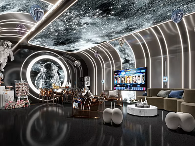 Space Themed KTV Room With Modern Decor Sofa And TV 3d model