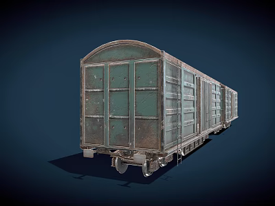 Old Green Train With Multiple Connected Carriages Metal Frames And Wheels On Dark Blue Background 3d model