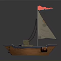 Small Wooden Sailboat With Orange Hull White Sail Red Flag Boxes And Barrel
