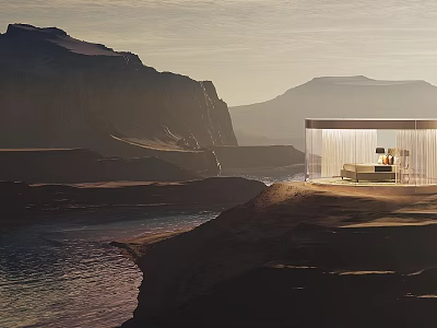 Scenic Glass Cabin In Natural Landscape With Distant Mountains And River At Sunset 3d model