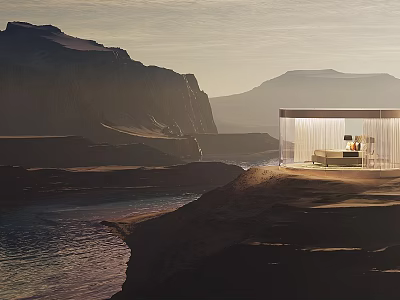 Scenic Glass Cabin In Natural Landscape With Distant Mountains And River At Sunset 3d model