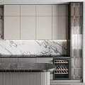 Elegant Modern Kitchen Interior With Marble Backsplash Central Island And Wine Storage Cabinets 3d model