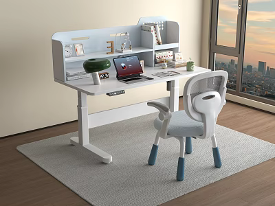 Modern Kids Desk With Shelf Green Lamp Laptop Books Chair And Sunset City View 3d model