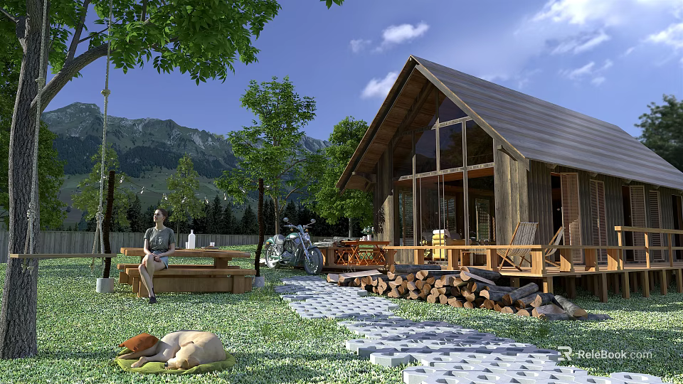 Wooden Detached Villa With Lawn Trees Mountain View Dog And Motorcycle 3d model 