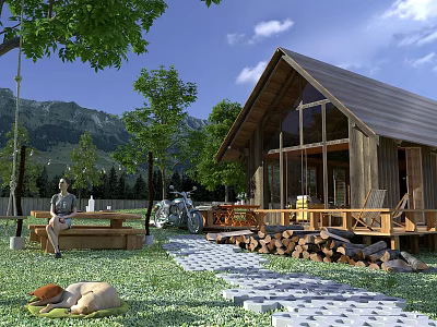 Wooden Detached Villa With Lawn Trees Mountain View Dog And Motorcycle 3d model