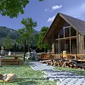 Wooden Detached Villa With Lawn Trees Mountain View Dog And Motorcycle