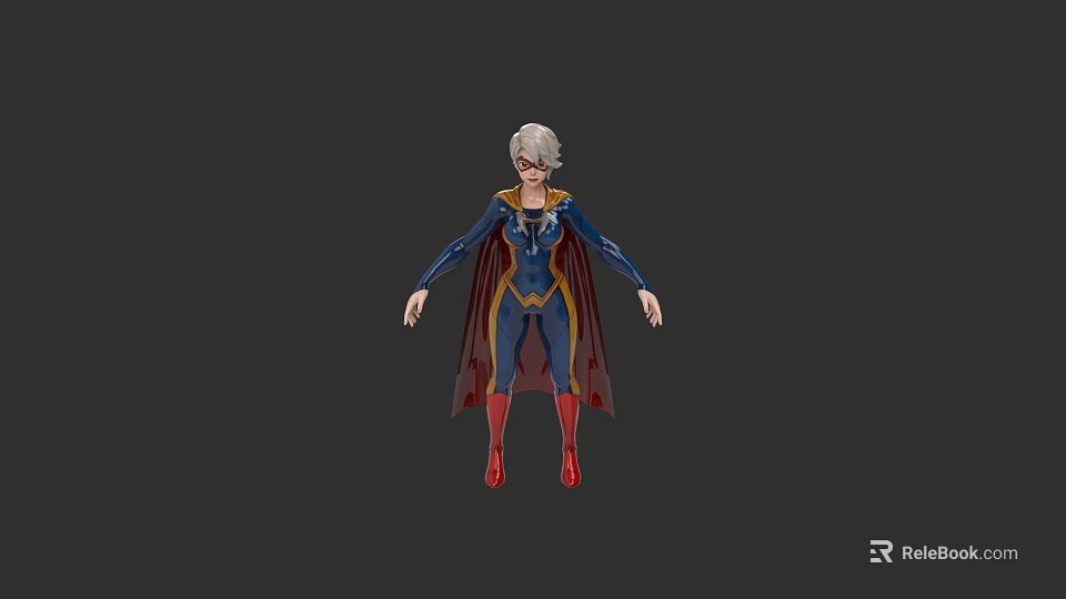Woman Superhero In Blue Costume With Red Cape Yellow Accents And Red Boots 3d model 
