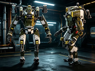 Large Industrial Robots Mechanical Structure Green White Yellow Accents In Industrial Setting Pipes Lighting 3d model