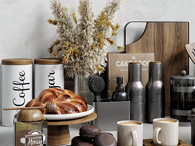 Modern Tableware Set With Coffee Sugar Canisters Braided Bread And Coffee Mugs 3d model