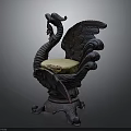 Carved Swan Shaped Sculpture Chair With Iron Base And Upholstered Seat