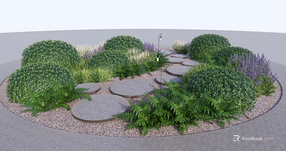 Garden Stepping Stones Path With Green Shrubs Ferns And Gravel 3d model 
