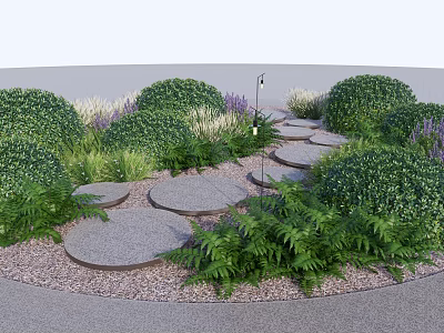 Garden Stepping Stones Path With Green Shrubs Ferns And Gravel 3d model