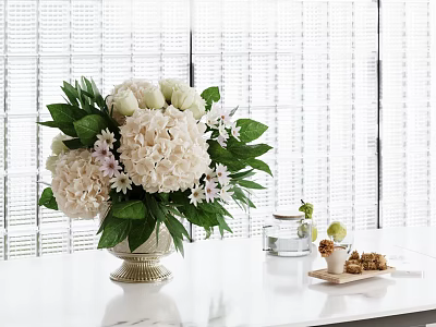 White Patterned Vase With White Hydrangea Pink Roses And Green Leaves On Table With Blinds 3d model