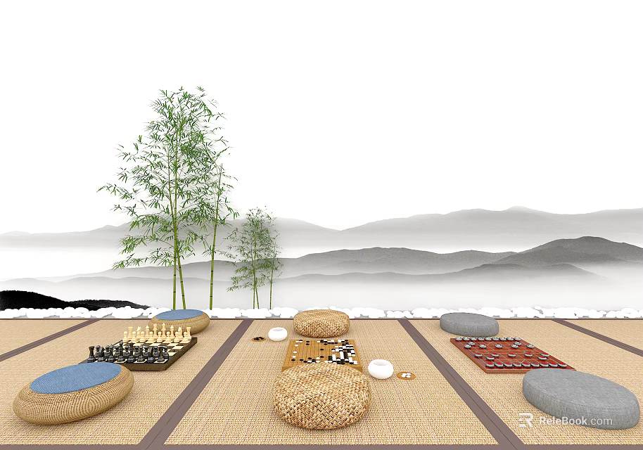 Zen Inspired Living Supplies With Straw Mats Floor Cushions Chessboard And Bamboo Mountain Backdrop 3d model 