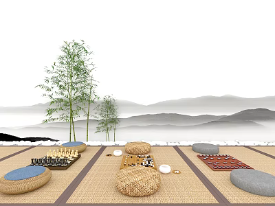 Zen Inspired Living Supplies With Straw Mats Floor Cushions Chessboard And Bamboo Mountain Backdrop 3d model