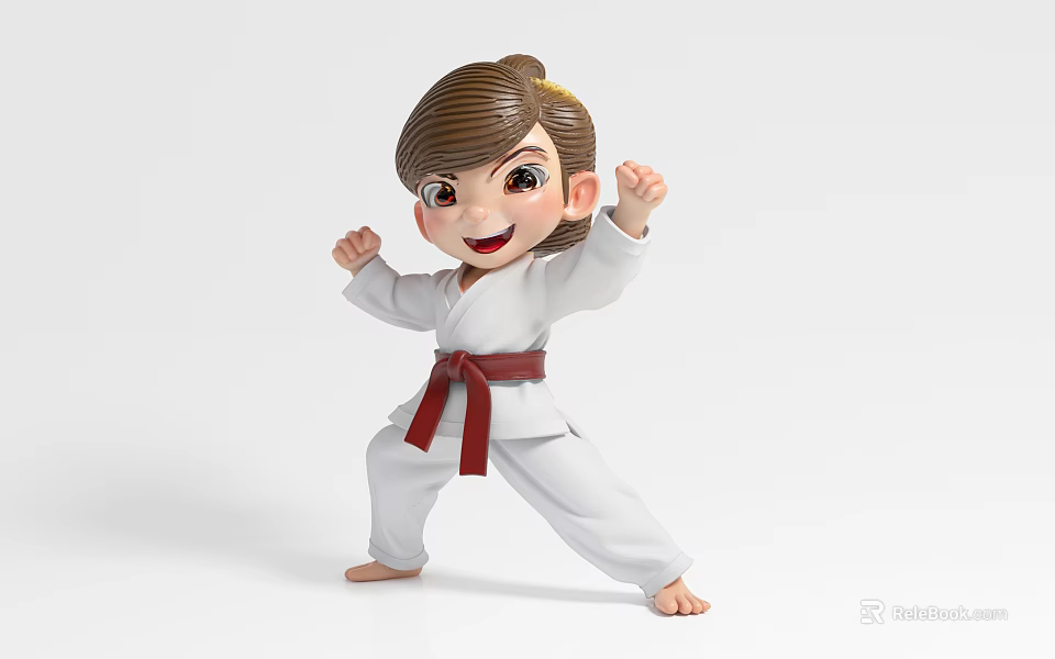 Cartoon Karate Character Decorative Figurine Set with Red Belt and White Uniform in Playful Pose 3d model 