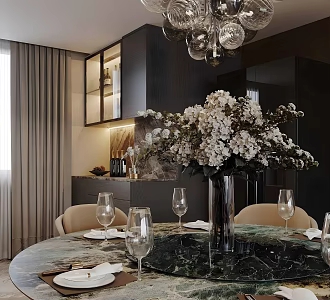 Light Luxury Italian Round Table Restaurant Italian Style Light Luxury Home Restaurant Marble Dining Table Dining Tableware Dining Table Floriculture Potted Plant Open Restaurant 3d model