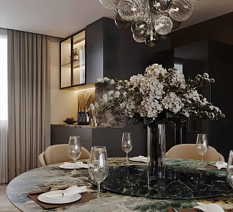 Light Luxury Italian Round Table Restaurant Italian Style Light Luxury Home Restaurant Marble Dining Table Dining Tableware Dining Table Floriculture Potted Plant Open Restaurant 3d model