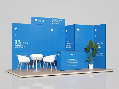 Blue Exhibition Booth Mockup With White Chairs Table And Green Plant 3d model