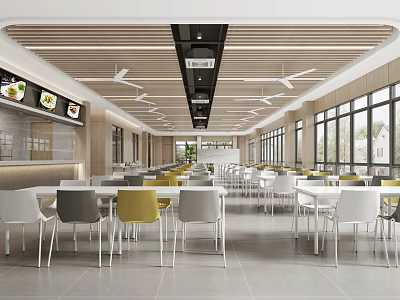Modern Restaurant Interior With White Yellow Gray Chairs Wooden Ceiling And Bright Windows 3d model