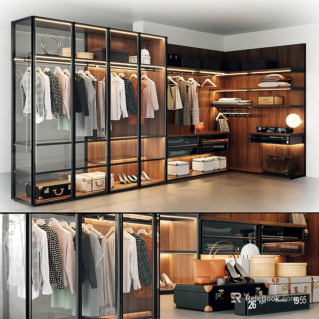 Sleek Modern Wardrobe Interior Design With Glass Doors Hanging Clothes Storage Boxes And Shoes 3d model 