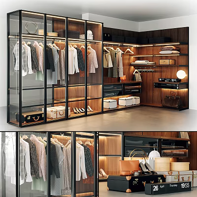 Sleek Modern Wardrobe Interior Design With Glass Doors Hanging Clothes Storage Boxes And Shoes 3d model
