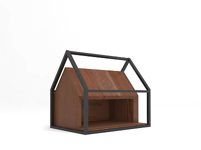 Modern House Shaped Wooden Storage With Open Interior And Black Metal Frame 3d model