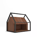 Modern House Shaped Wooden Storage With Open Interior And Black Metal Frame