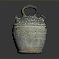 Carved Ceramic Sculpture With Handle Double Spouts Floral And Wave Patterns Gray Blue Color
