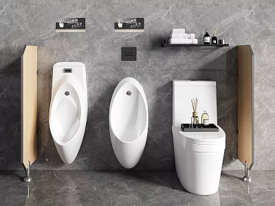 Modern White Urinals In Bathroom With Grey Marble Wall Toilet Shelf And Wooden Dividers 3d model